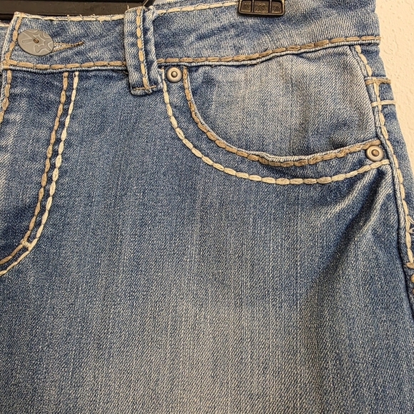 Vanilla Star Denim Blue Jean Skirt Thick Stitching Boho Western Distress Size 8 - Picture 3 of 11